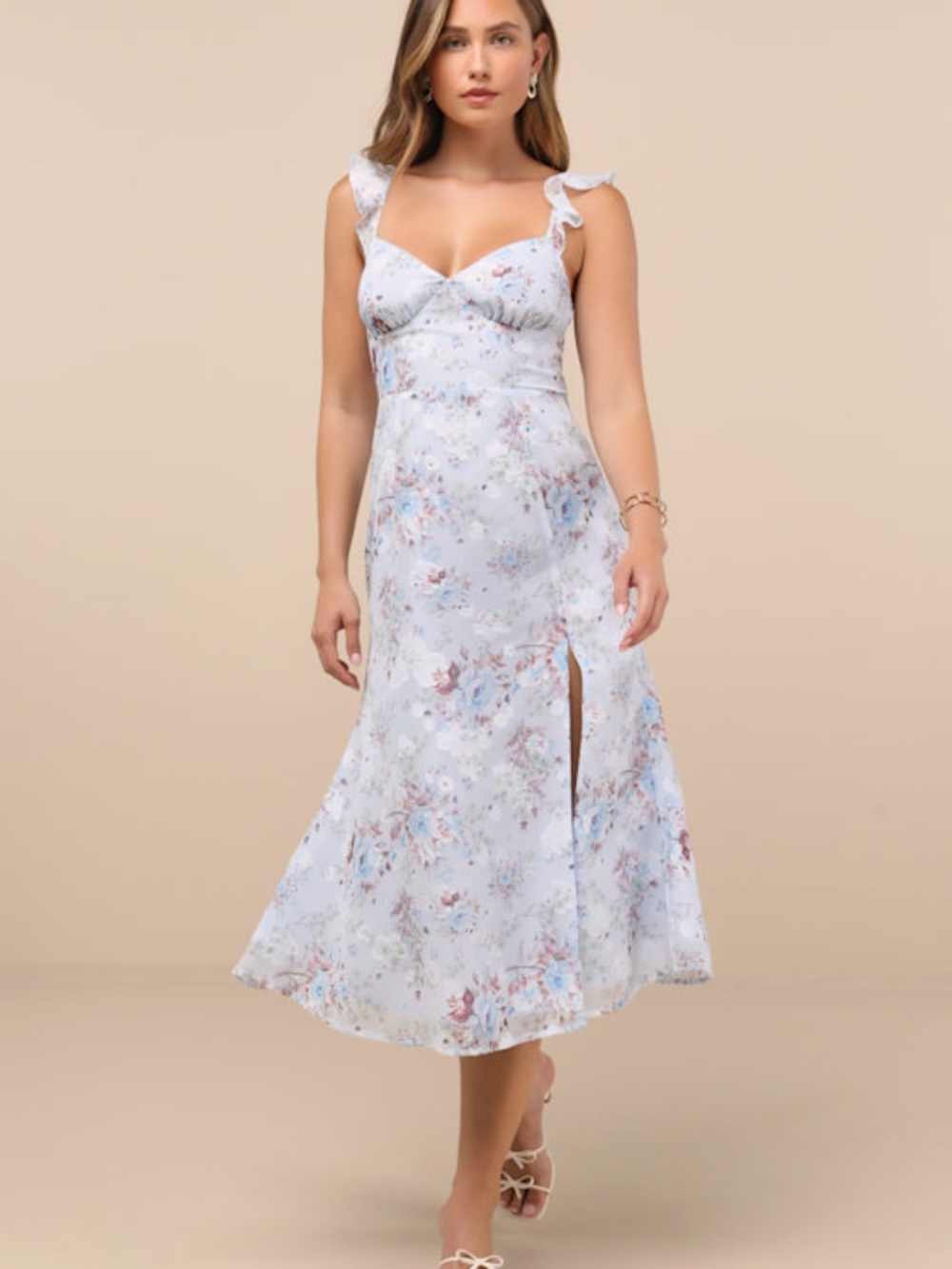 Lulus Delightful Direction Blue Floral Ruffled Tie-strap Midi Dress - Size S